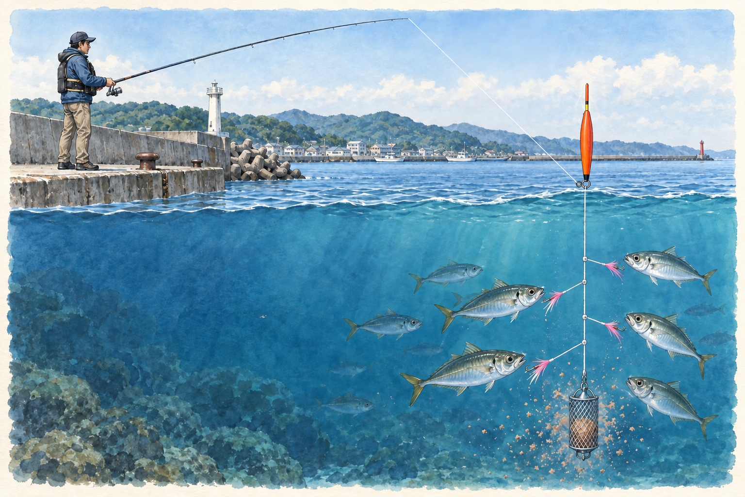 堤防から沖へ投げたウキ付きサビキ。ウキの下に擬餌バリと下カゴが並ぶ水中図。
