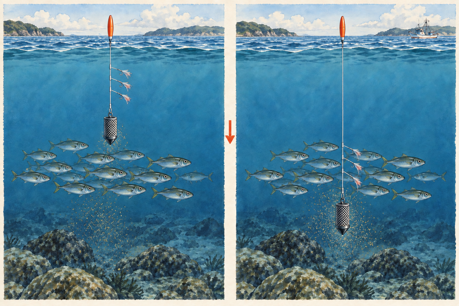左は針が魚の群れより浅く、右はウキ下を長くして針を群れの深さへ合わせた比較図。