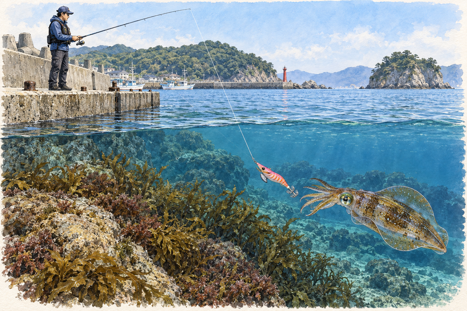 堤防からエギを投げ、水中の海藻や岩の周辺を探るアオリイカ釣り。
