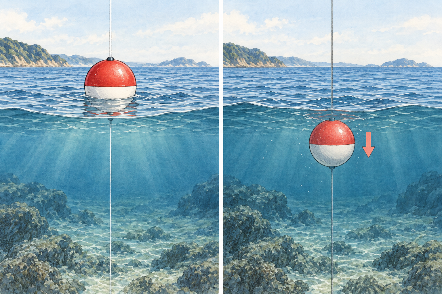 左は水面に浮いた丸ウキ、右は水面の下へ沈み込んだ丸ウキ。