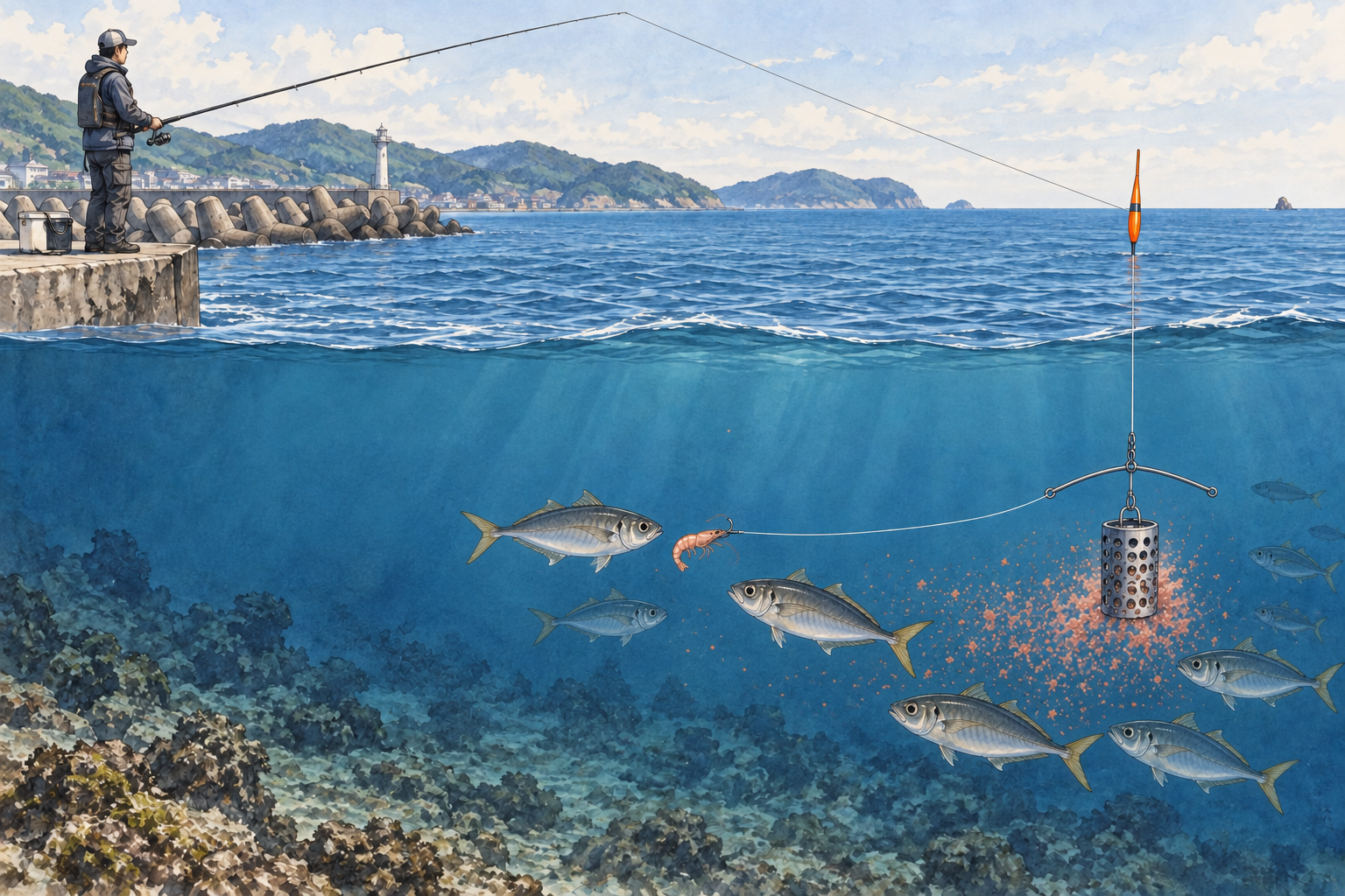 堤防から離れたウキの下へカゴを沈め、付けエサを流す遠投カゴ釣り。