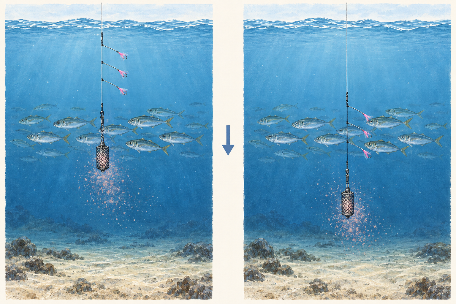 左は針がアジの群れより浅い状態。右は仕掛けを下ろし、針と群れの深さを合わせた状態。