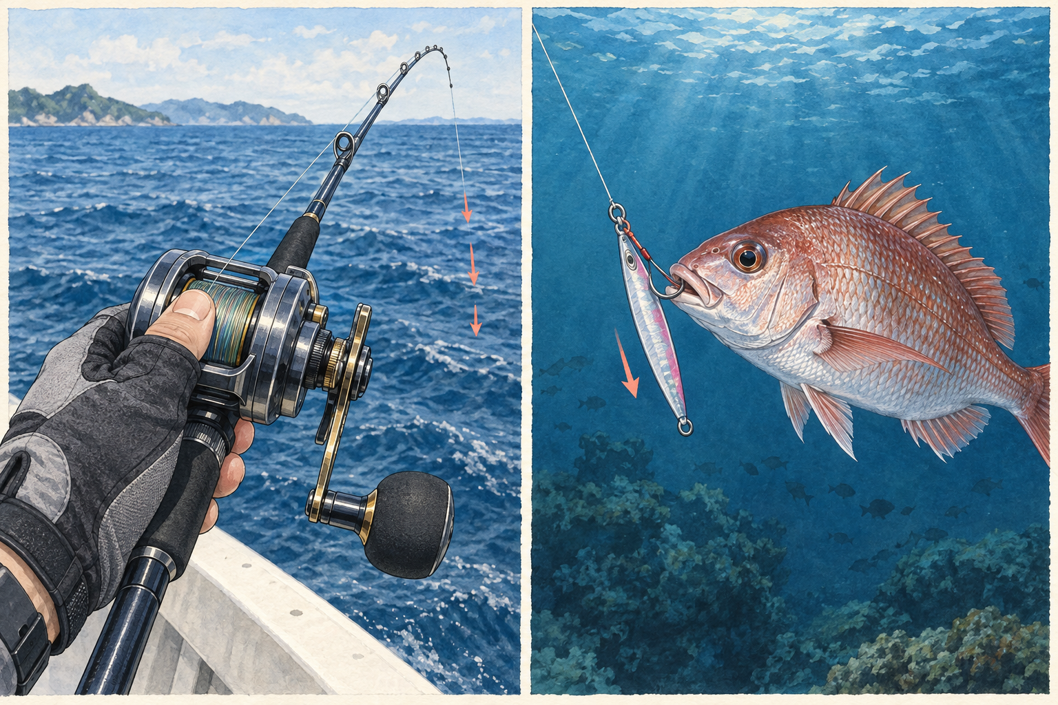 両軸リールのスプールを指で制御する手元と、水中でジグへ食う魚。