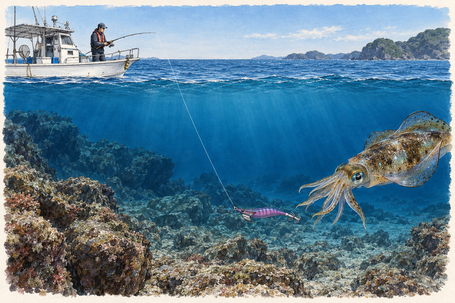 流れる船から専用エギを沈め、海底付近のアオリイカを探るティップラン。