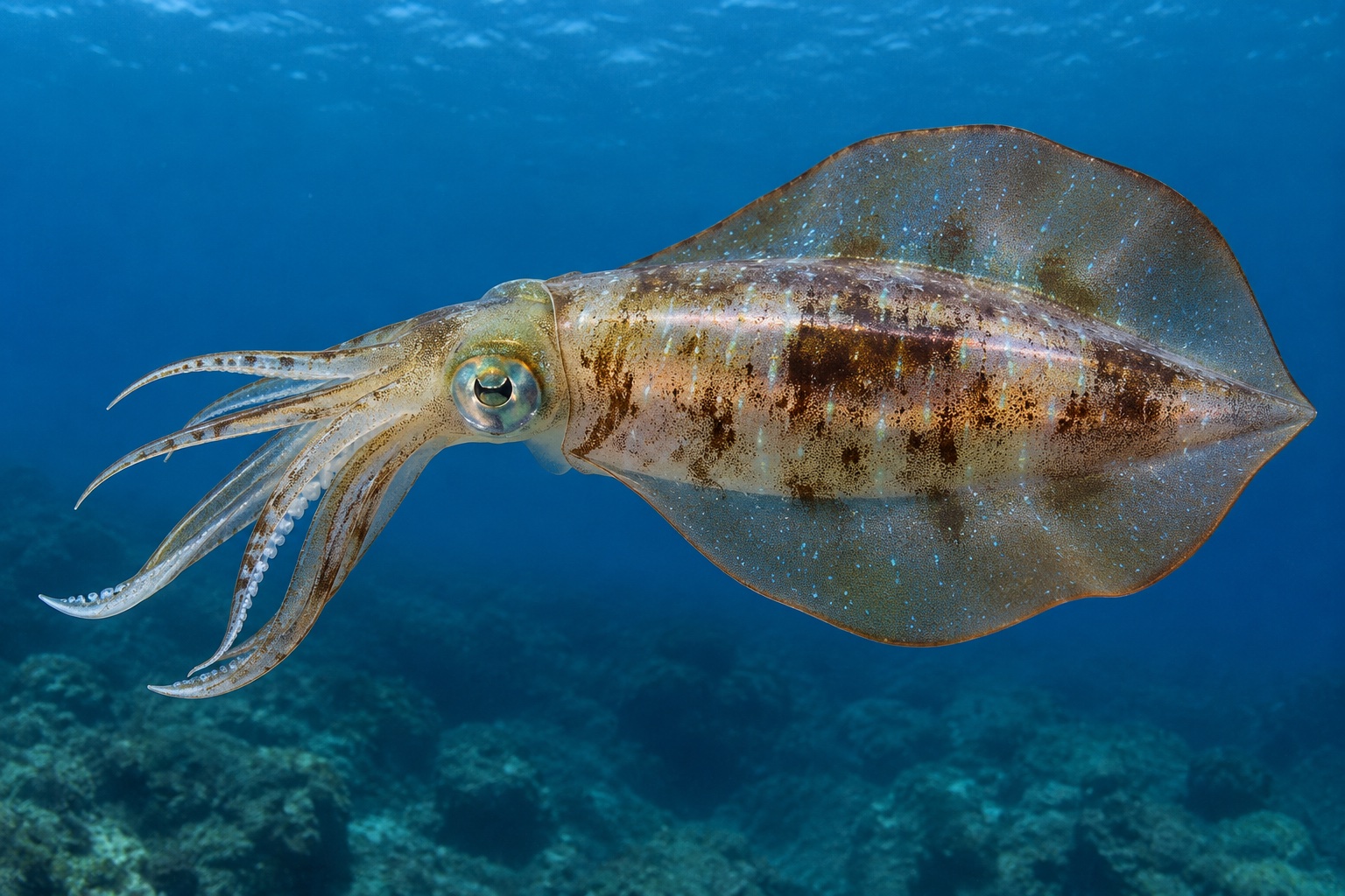 アオリイカ (Sepioteuthis lessoniana) の遊泳写真