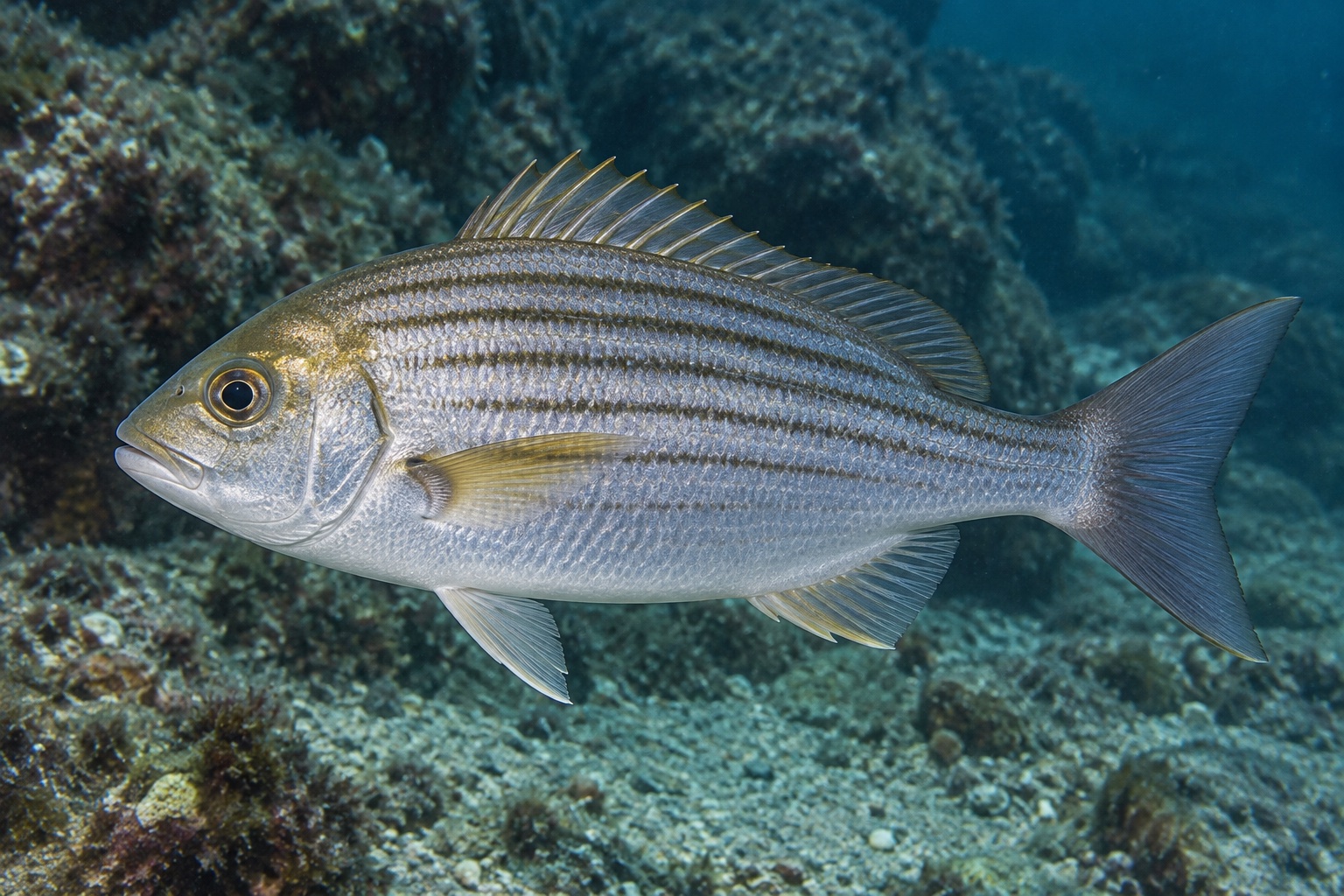 体側に3本の黄褐色の縦縞が走るイサキの若魚。頭を右にして横向きに全身が写っている。