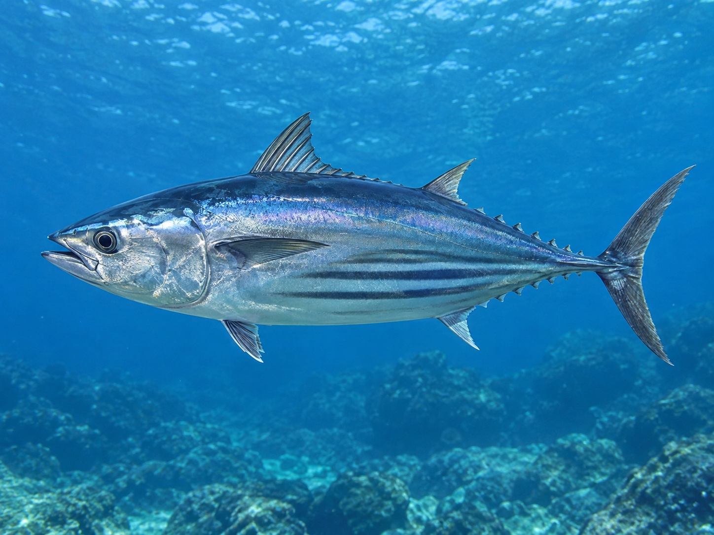 青い海中を泳ぐカツオの単体イメージ。