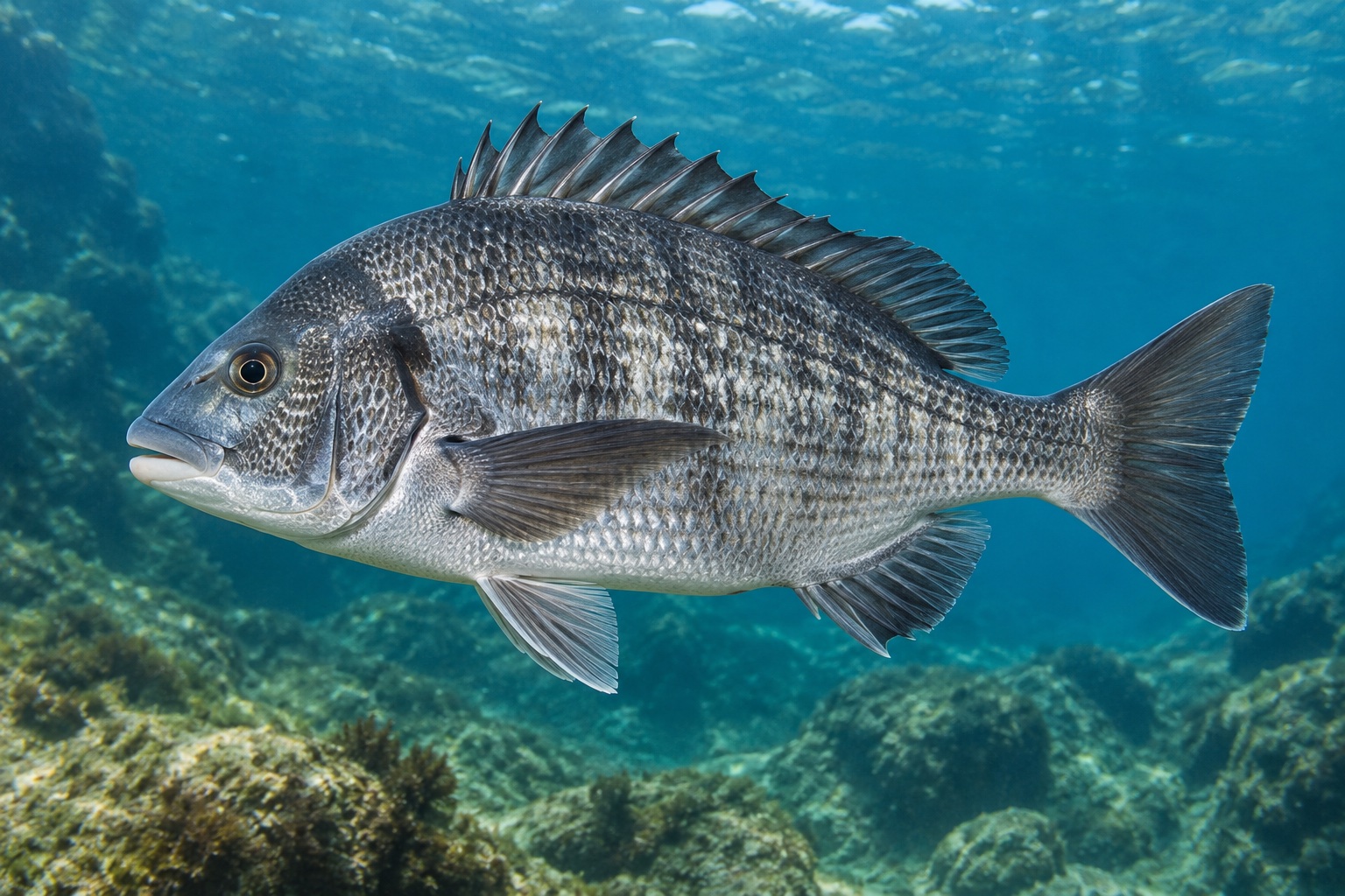 青い水中を泳ぐクロダイ (Acanthopagrus schlegelii)。銀灰色の体と尾びれが見える全身写真