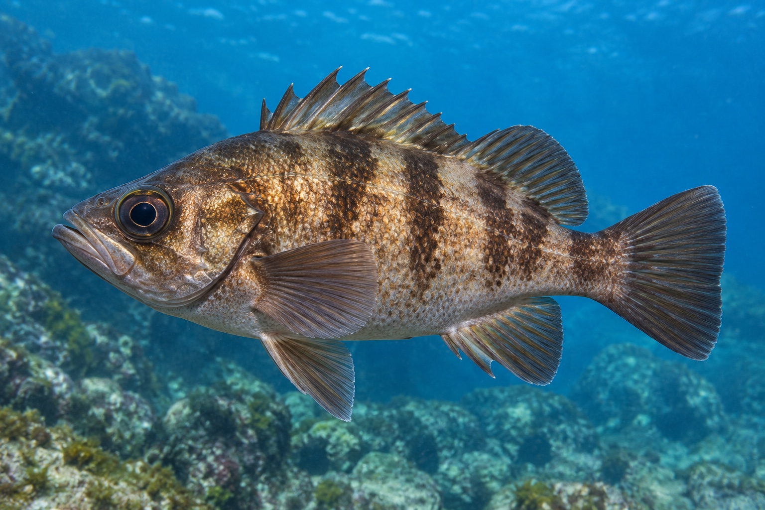 メバル (Sebastes inermis) の水中写真。大きな目と岩礁を背にした全身