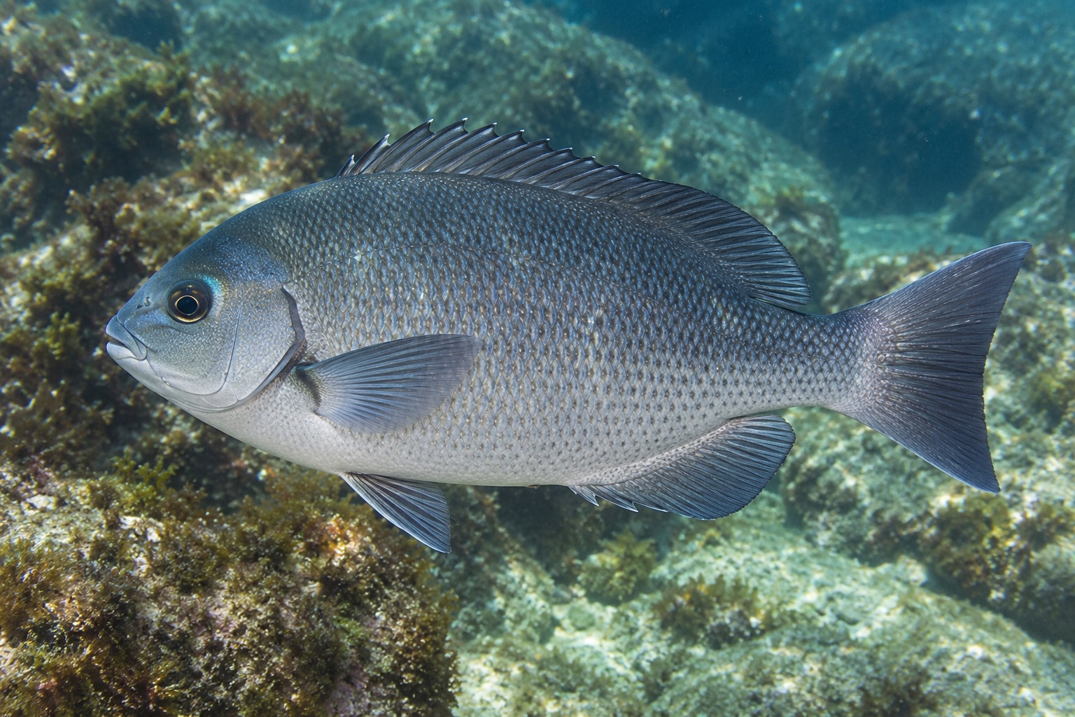 灰青色の体に厚い体高を持つメジナの鮮魚。頭を左にして横向きに全身が写っている。