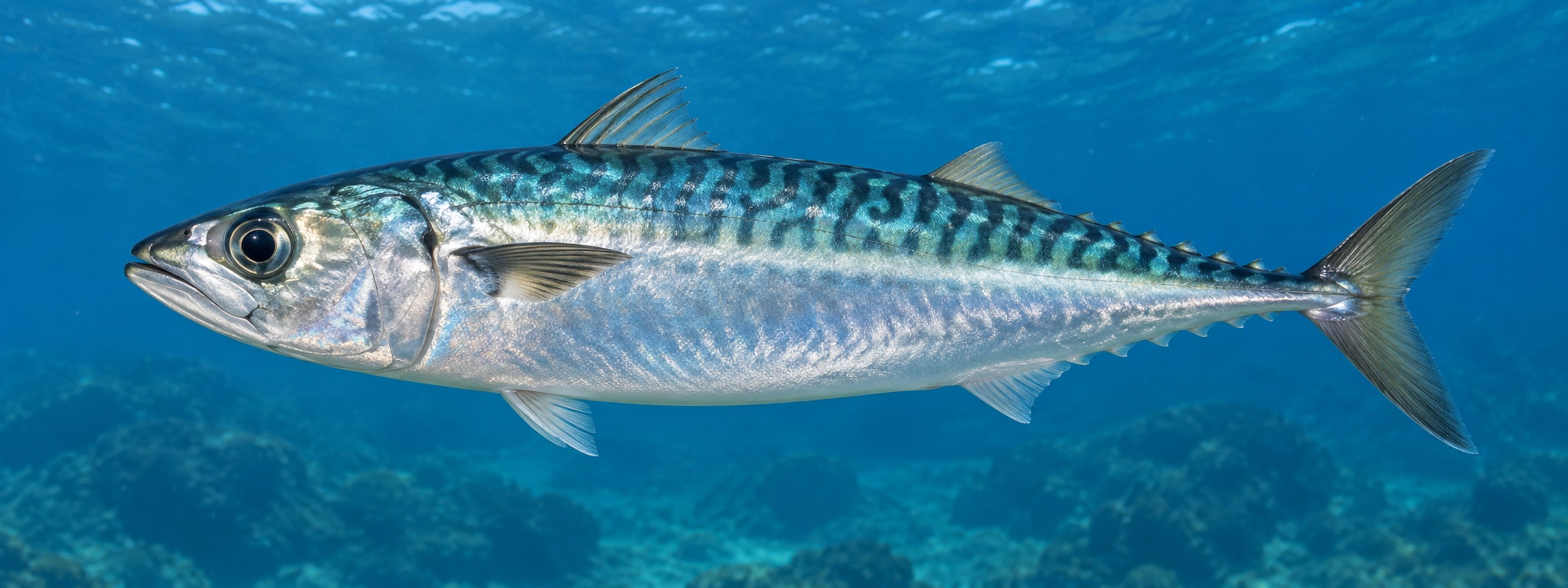 青い水中を群れで泳ぐマサバ (Scomber japonicus)。背中に黒い虫食い状の模様