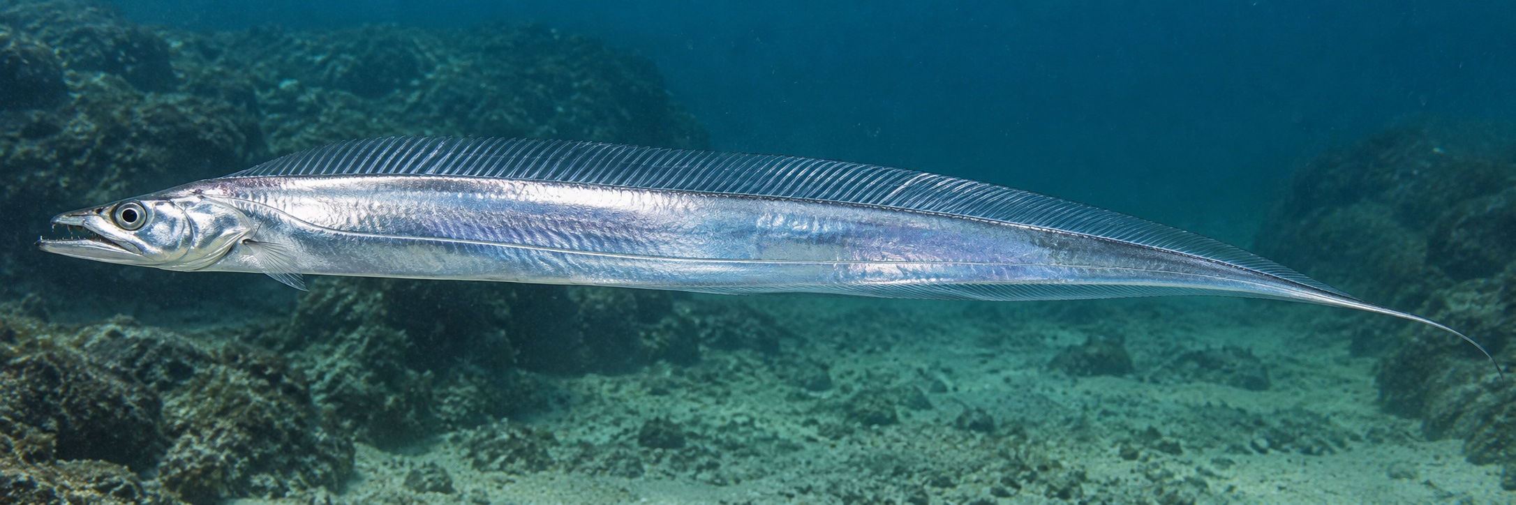 水族館で頭を上にして立ち泳ぎするタチウオの生きた個体。銀色の細長い全身を頭から尾まで捉える。