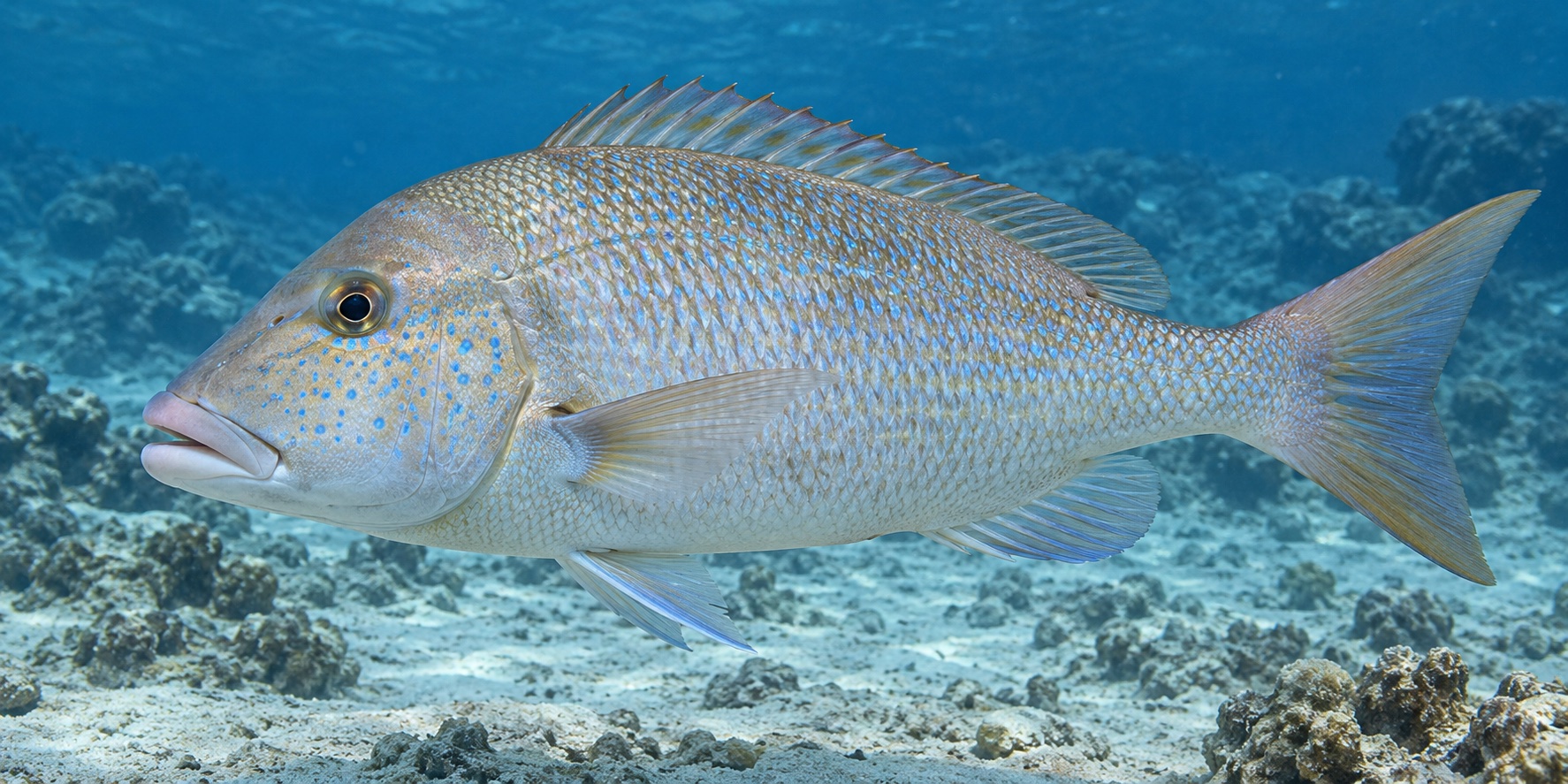 水槽を横向きに泳ぐタマン (ハマフエフキ) の成魚全身